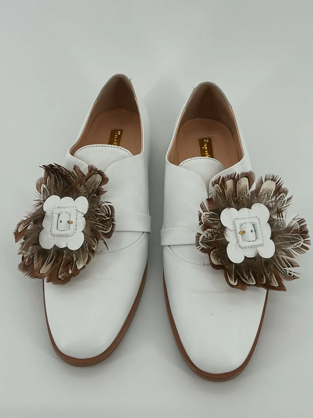 Rupert Sanderson White Leather Feather Embellished Loafers Flats 38